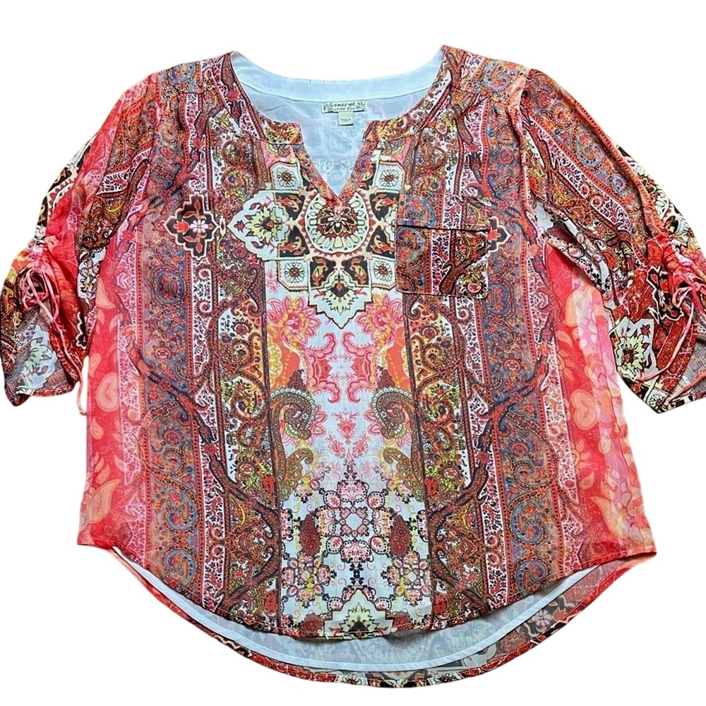 Energe Red Paisley Chiffon Blouse XL Split Neck Tie Sleeve Boho Top